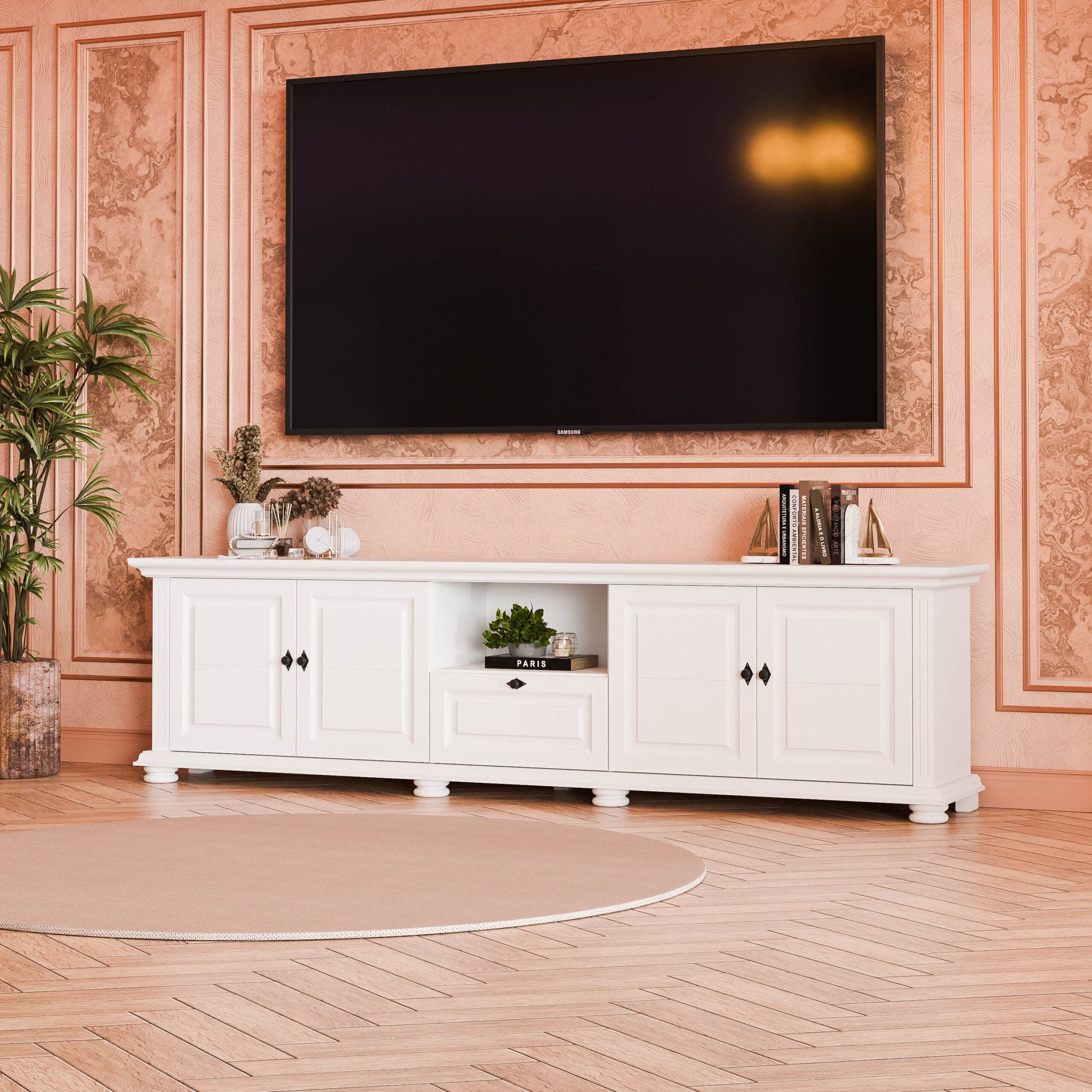 „Skagen” nevű, 220 cm-es, tömör fából készült TV-szekrény 2 ajtóval