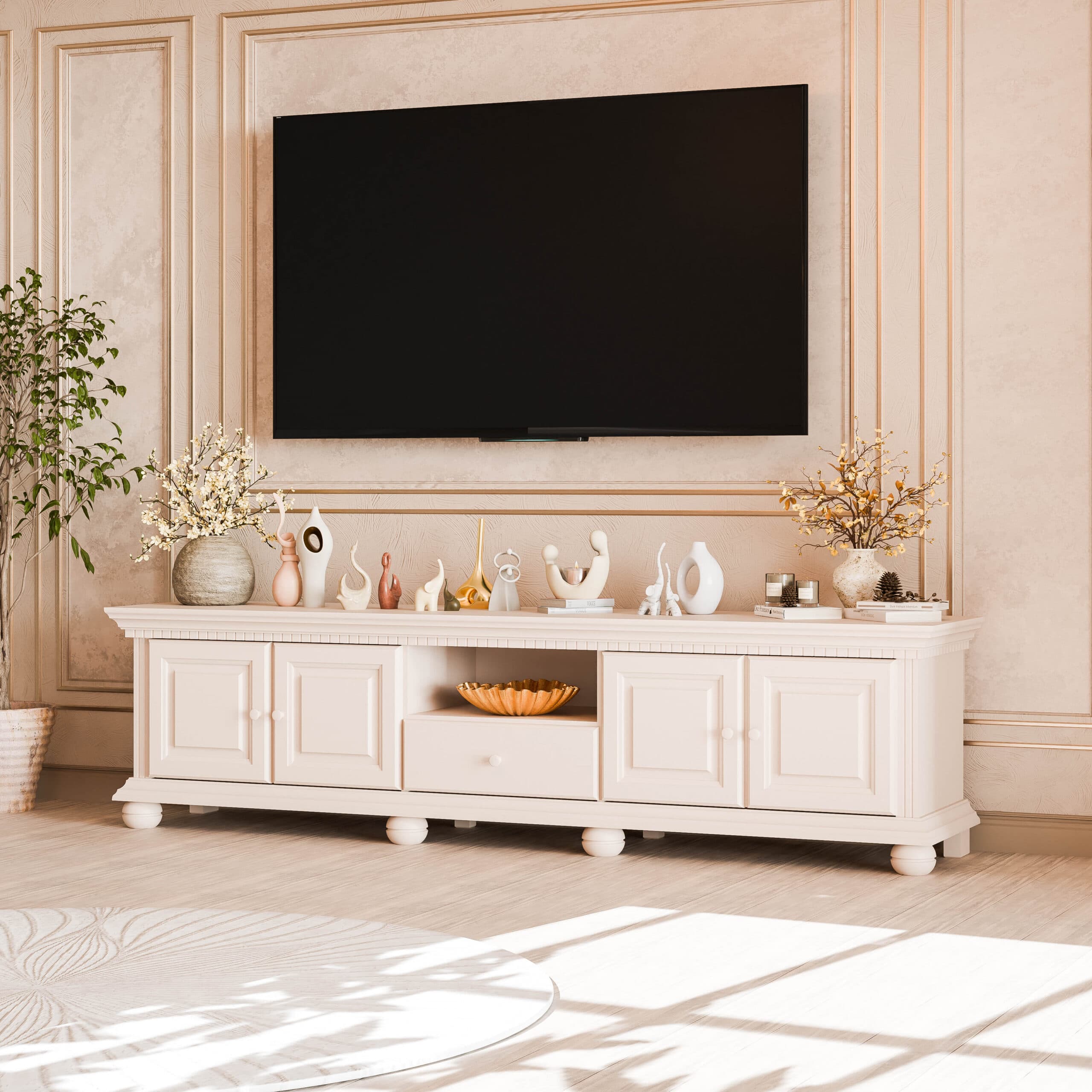 Fjord 200 cm-es TV-szekrény tömör fából, púderbeige színben