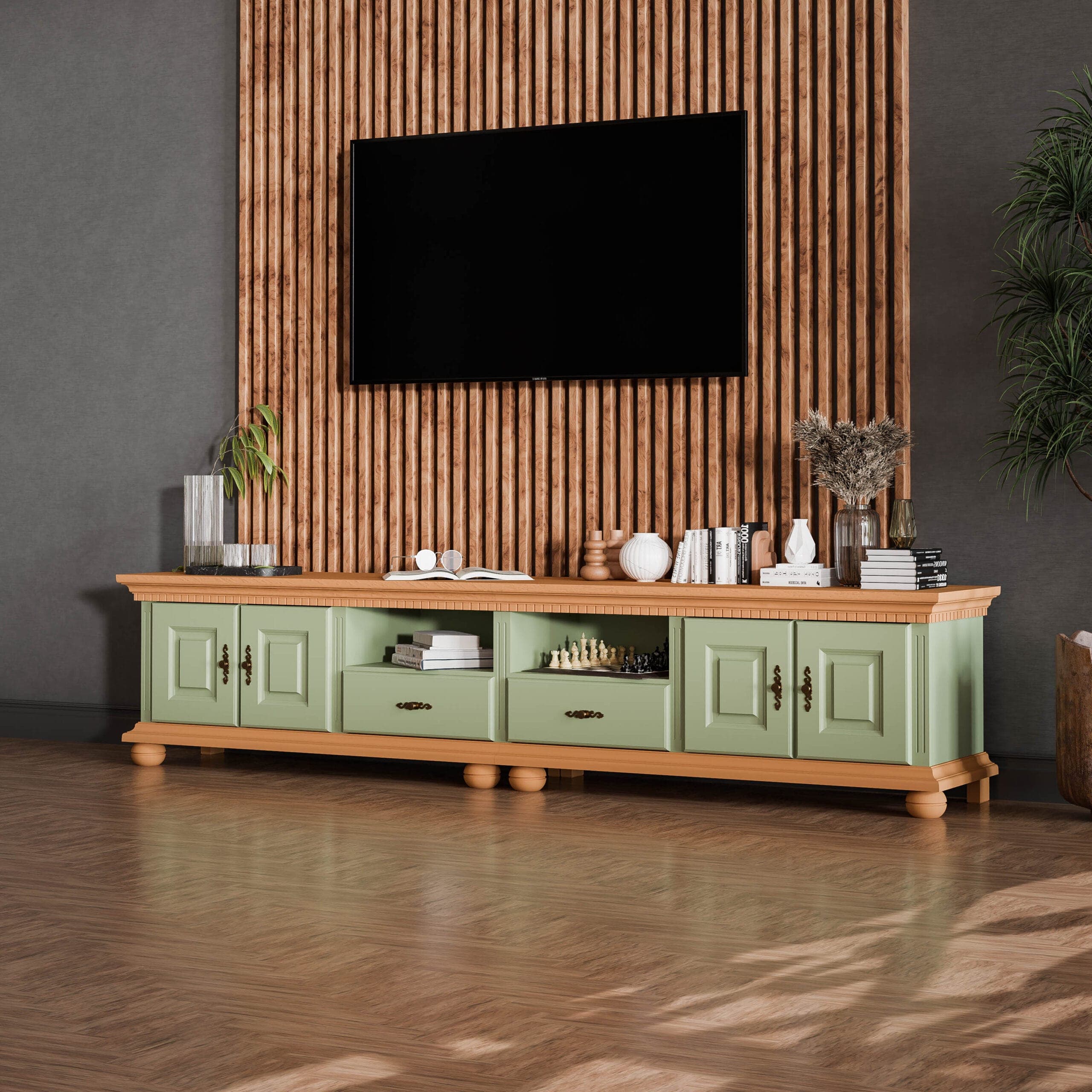 Fjord 250 cm-es TV-szekrény tömör fából, zsályaszínben