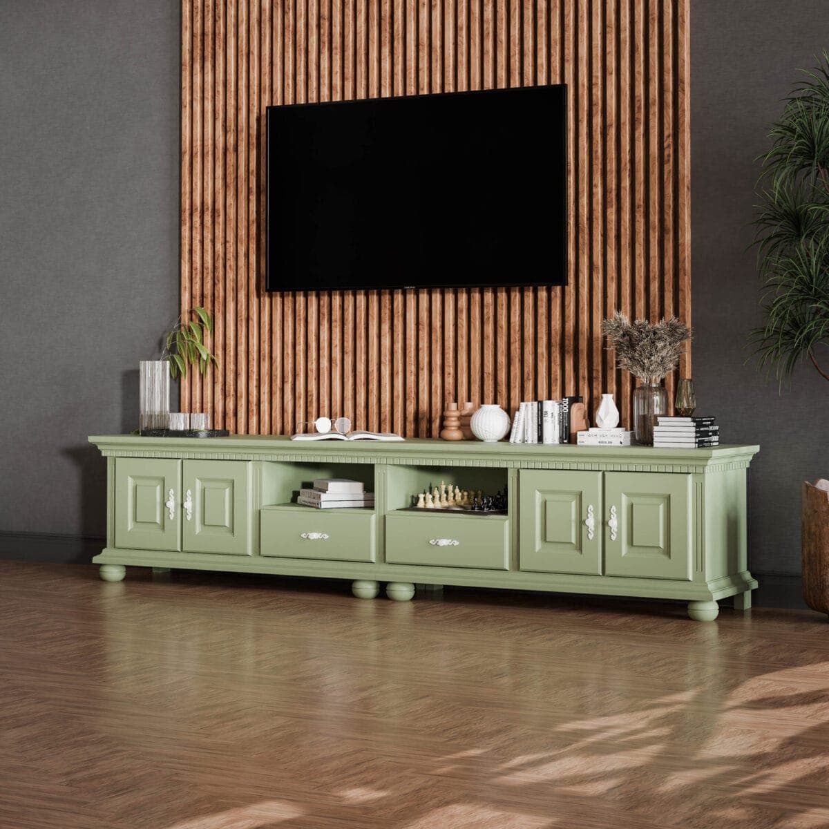 Fjord 250 cm-es TV-szekrény tömör fából, zsályaszínben