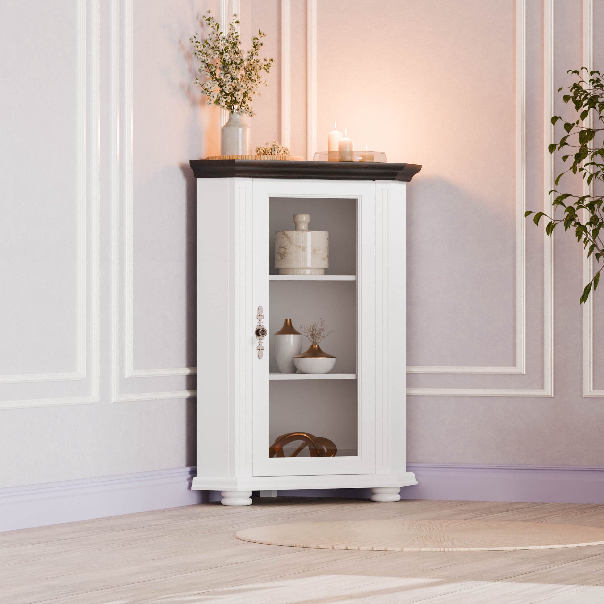 „Skagen” sarokkomód üveggel, tömör vörösfenyőből