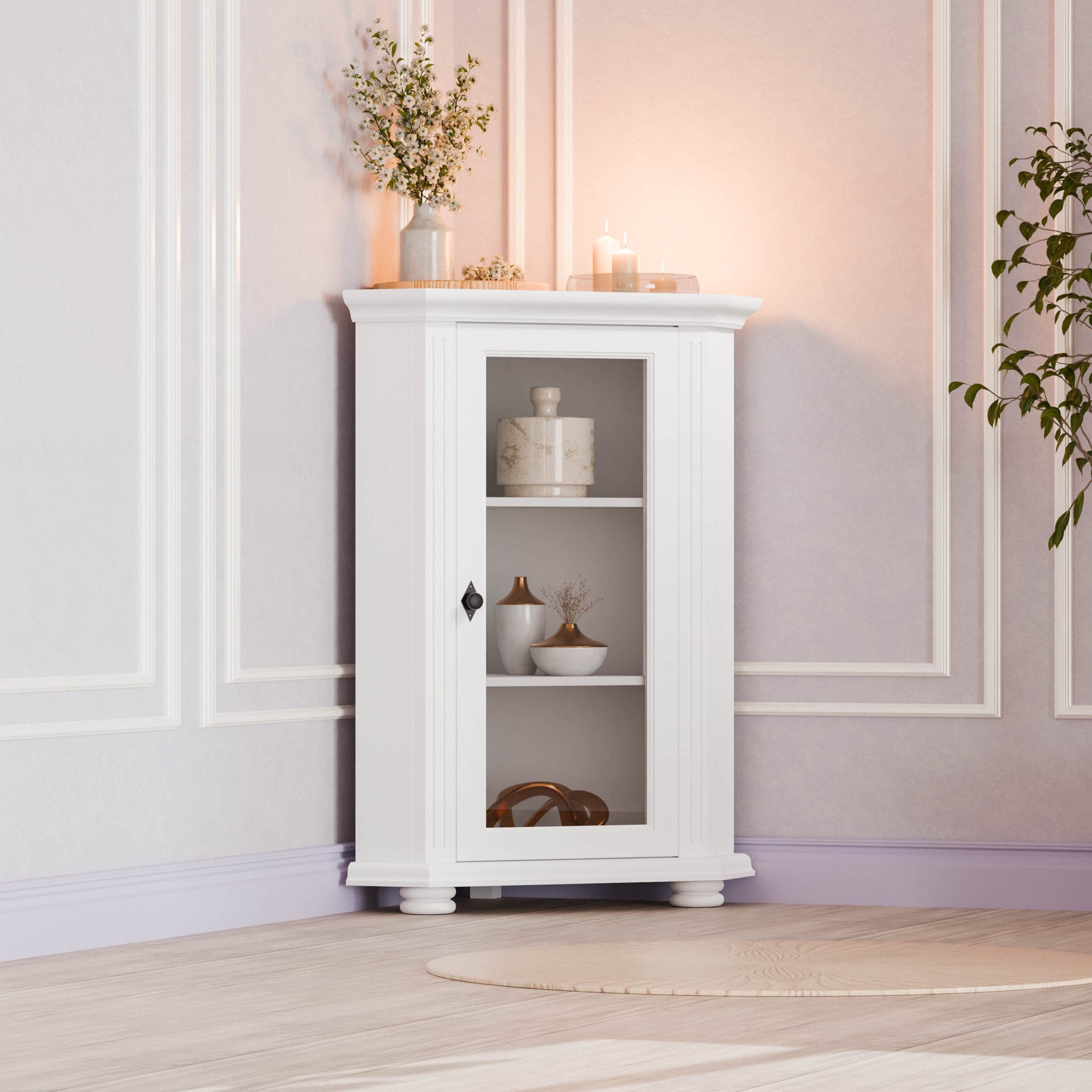 „Skagen” sarokkomód üveggel, tömör vörösfenyőből