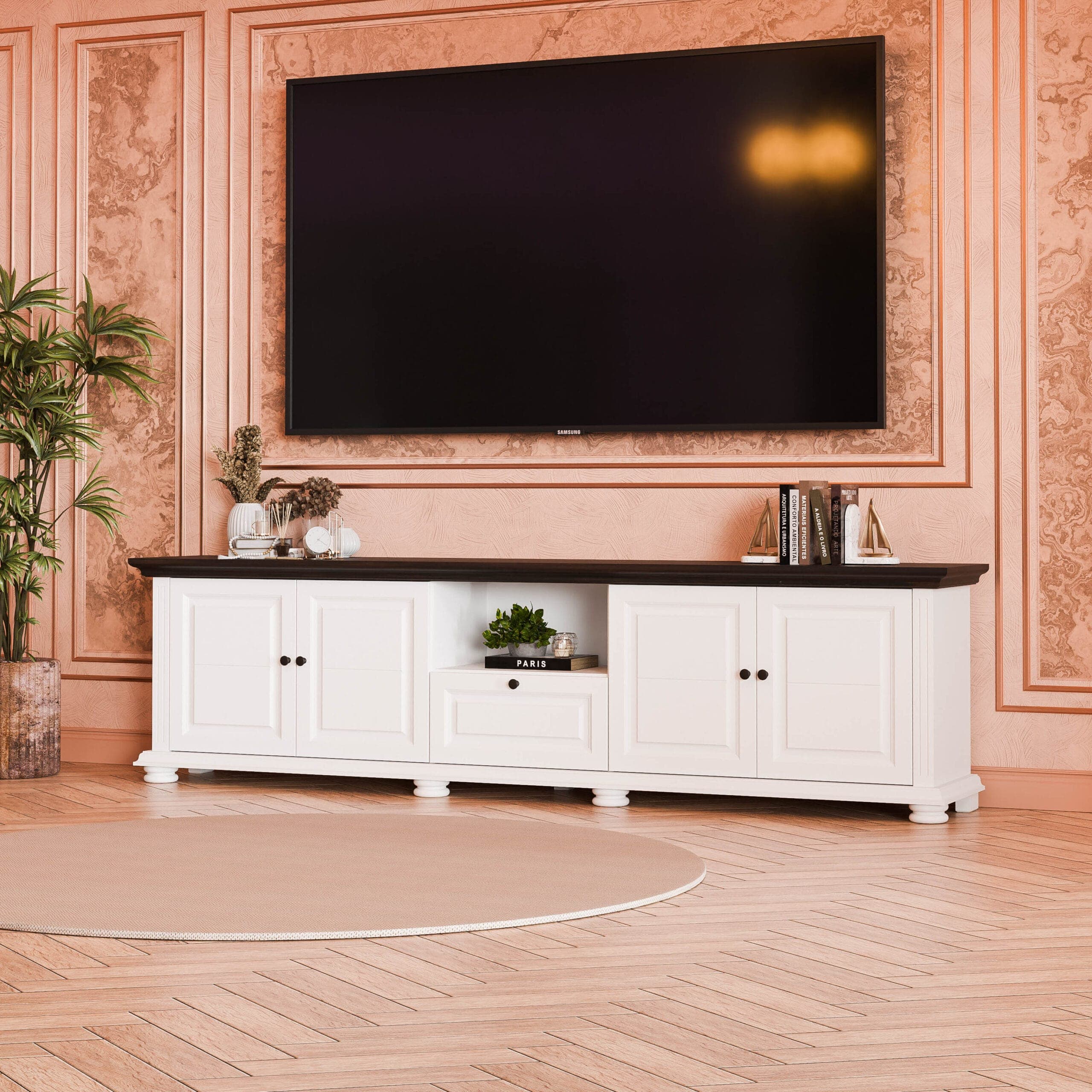 „Skagen” nevű, 220 cm-es, tömör fából készült TV-szekrény 2 ajtóval