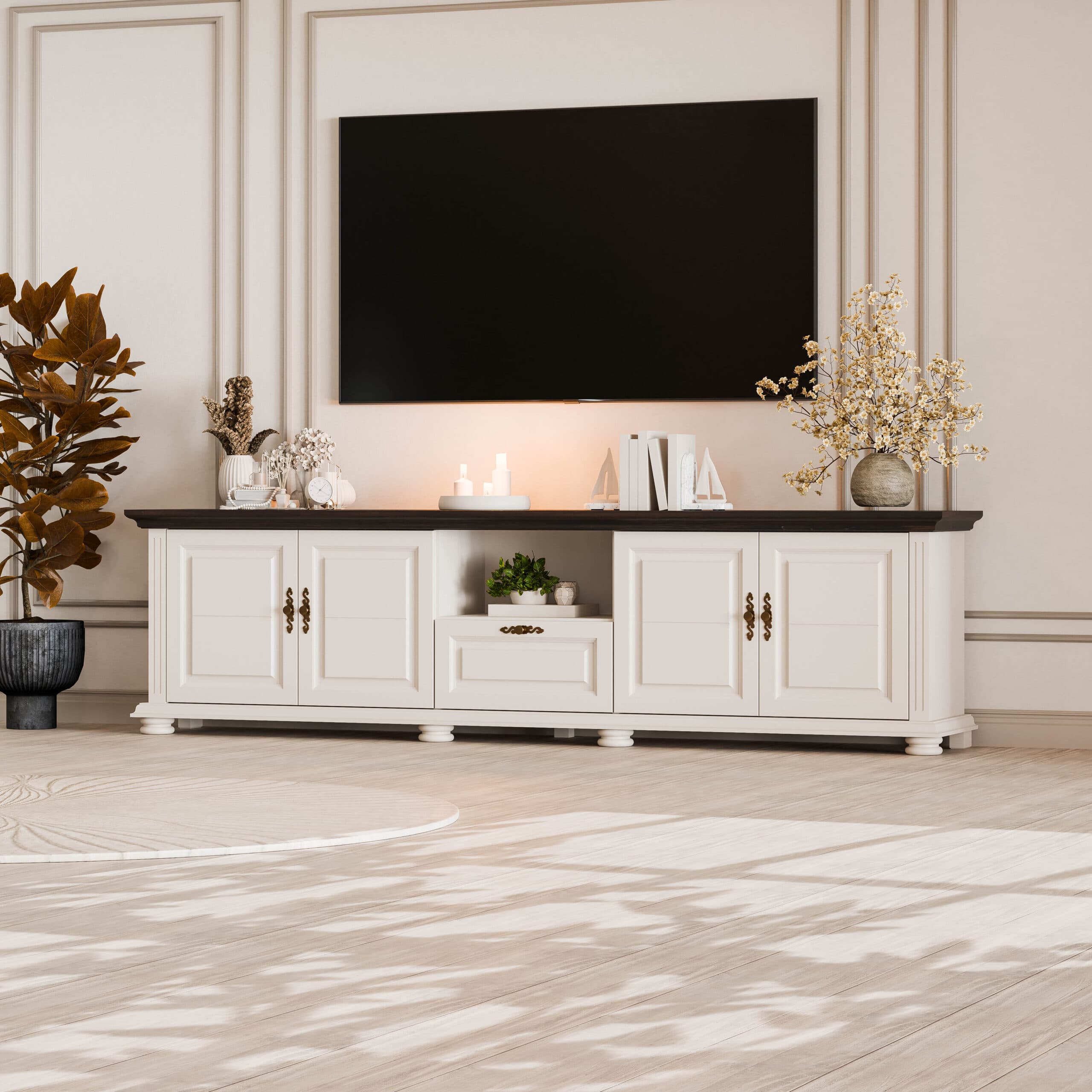 Skagen TV-szekrény tömör fából, 220 cm, kasmírbézs