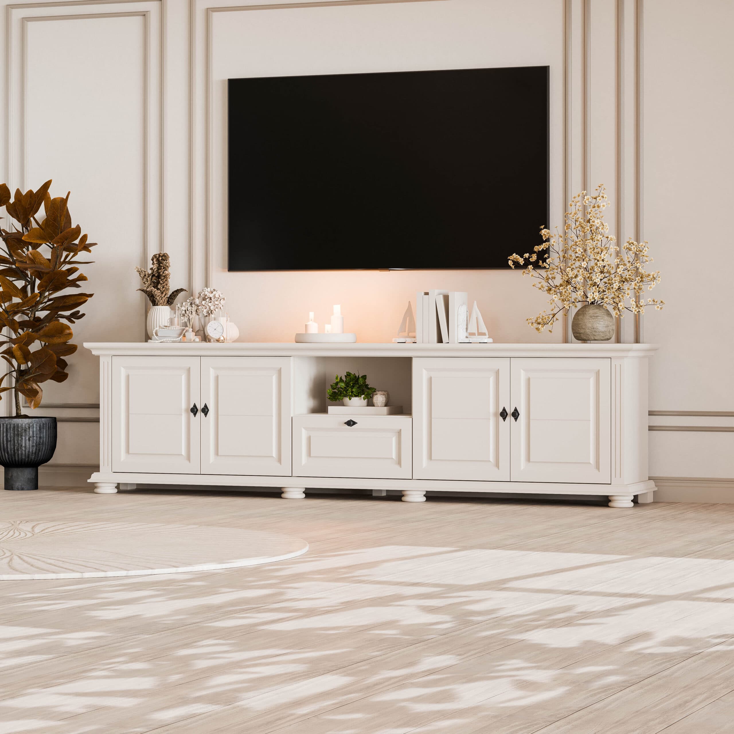 Skagen TV-szekrény tömör fából, 220 cm, kasmírbézs
