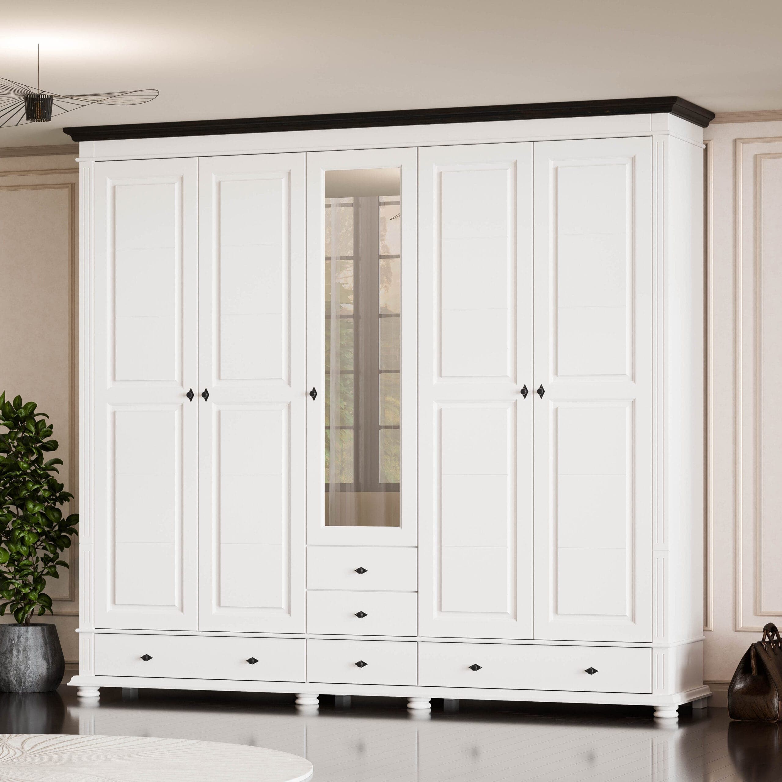 Skagen tömörfa szekrény 5 ajtóval és fiókokkal, 242 cm