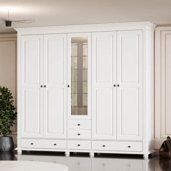 Skagen tömörfa szekrény 5 ajtóval és fiókokkal, 242 cm