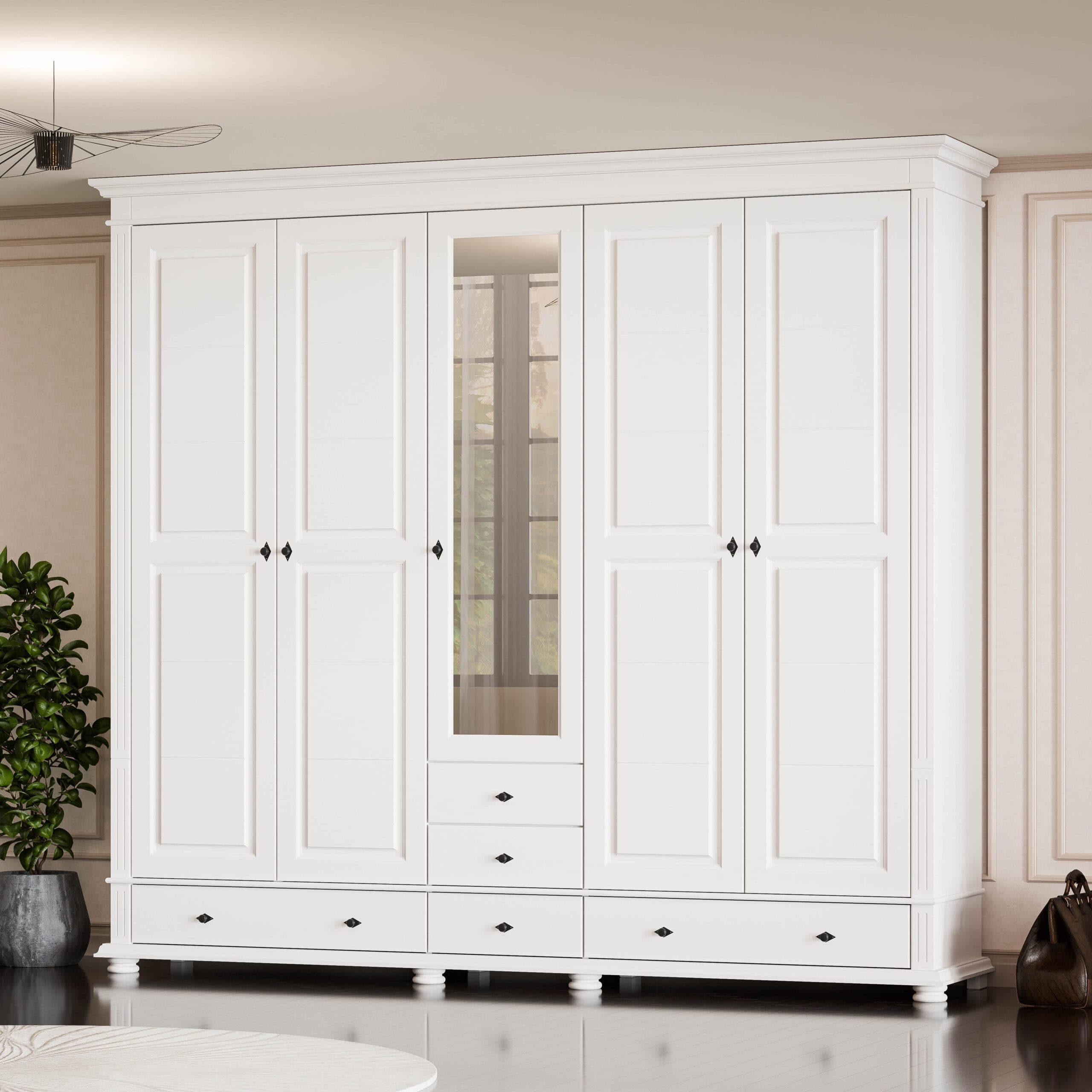 Skagen tömörfa szekrény 5 ajtóval és fiókokkal, 242 cm
