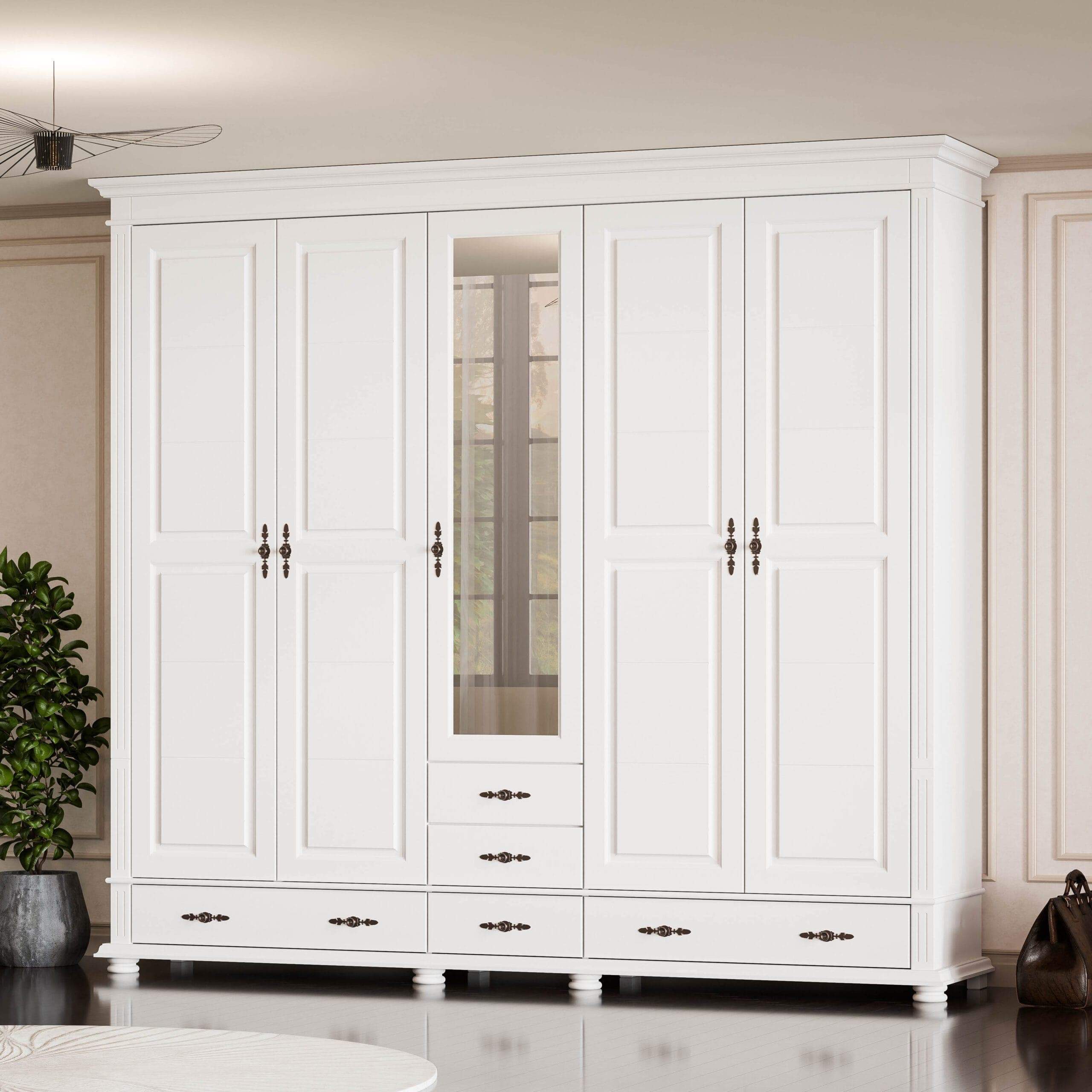 Skagen tömörfa szekrény 5 ajtóval és fiókokkal, 242 cm