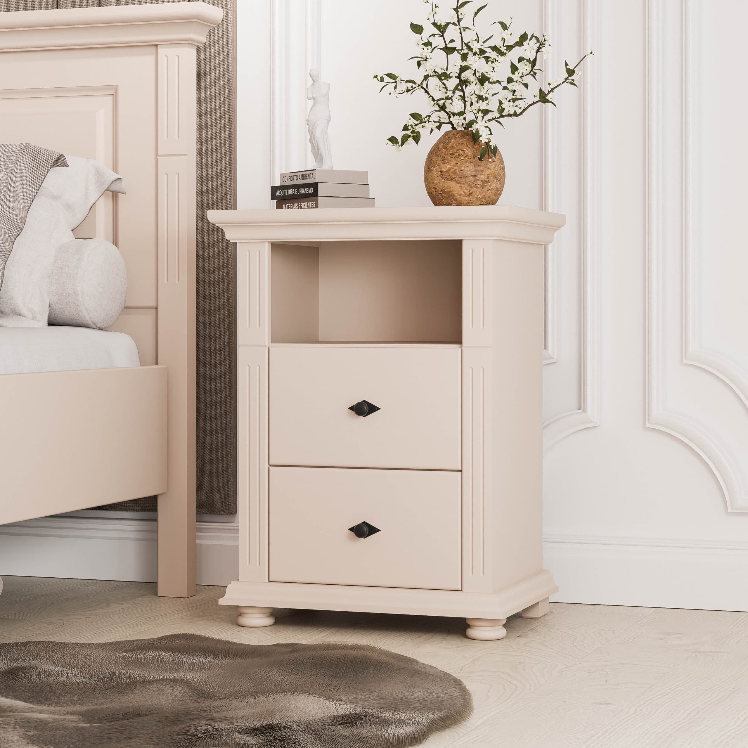 Skagen magas éjjeliszekrény tömör fából, púderbeige színben